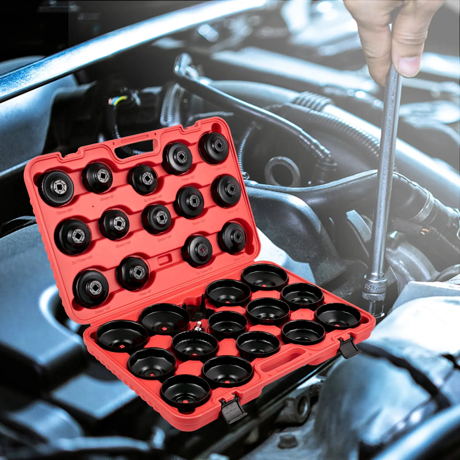 VEVOR Oil Filter Socket Set, 30 Pcs Oil Filter Wrench Set, Sturdy Steel Oil Filter Socket, 3/8" Oil Filter Socket, Low Profile Oil Filter Socket Set For Easy Access, Oil Filter Wrench Cap Set with Ca - Image 7