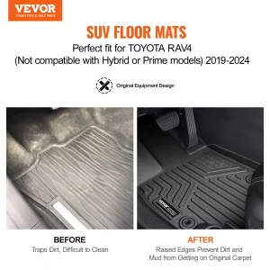 VEVOR Automotive Floor Mats, Fits for Toyota RAV4 (Not for Hybrid or Prime) 2019-2024, 3 pcs Front and 2nd Row Liners, All Weather Custom Fit TPE Vehicle Floor Mats, Easy to Clean for SUV, Black