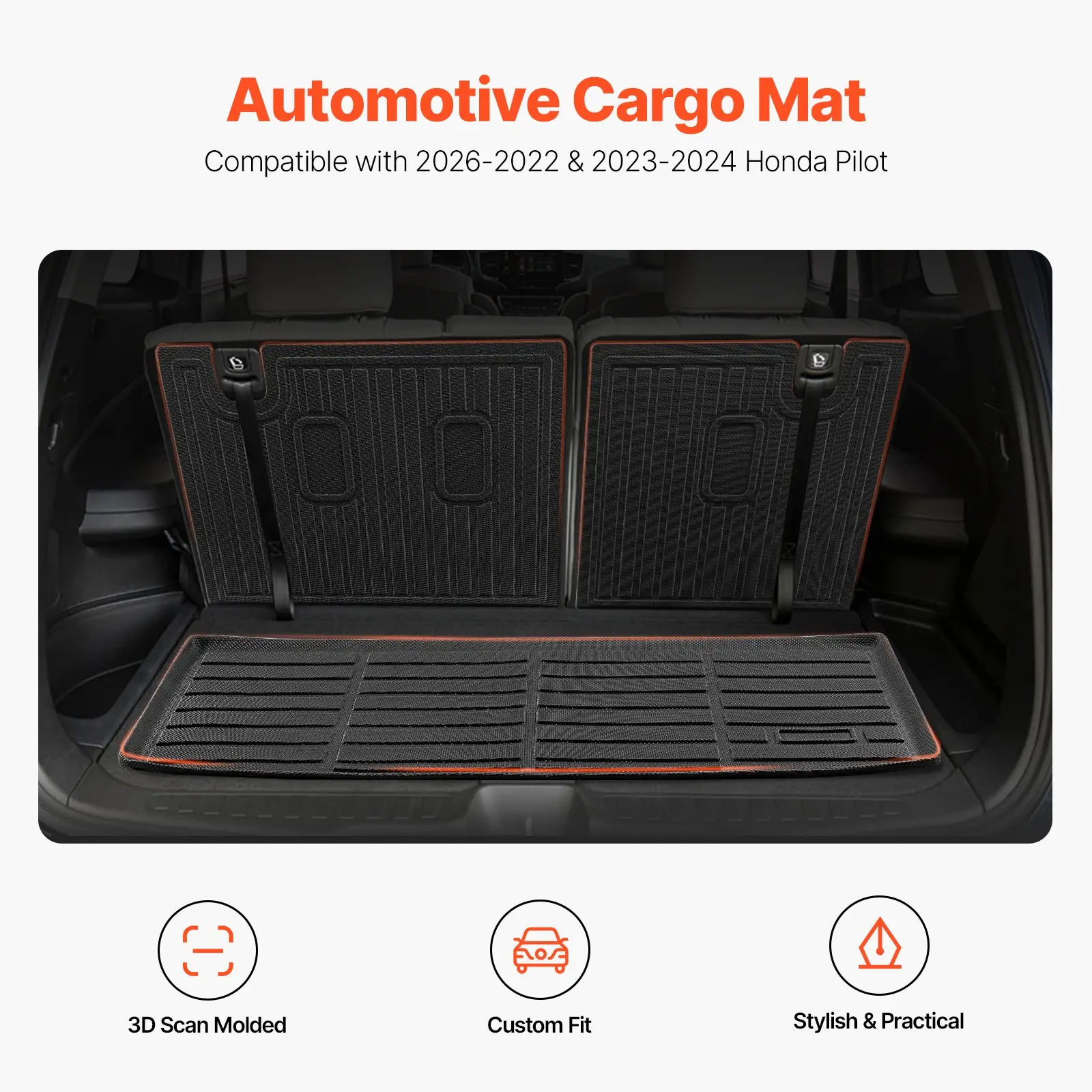 VEVOR Cargo Mats Compatible with 2016-2022 & 2023-2024 Honda Pilot, Custom Fit TPE Cargo Liner Set for SUVs, Trunk and Back Seat Protector Replacement, Black, Trunk Mat and Backrest Mats