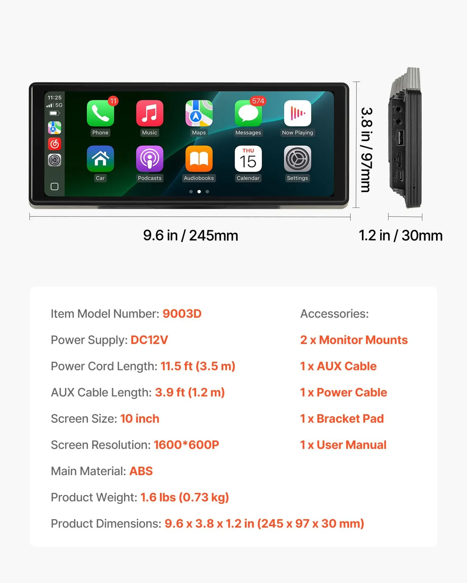 VEVOR Wireless Car Stereo, 10-Inch HD Portable Radio Touch Screen Compatible with Apple CarPlay and Android Auto, CarPlay Screen for Car with Voice Control, Mirror Link, Bluetooth, GPS Navigation - Image 6