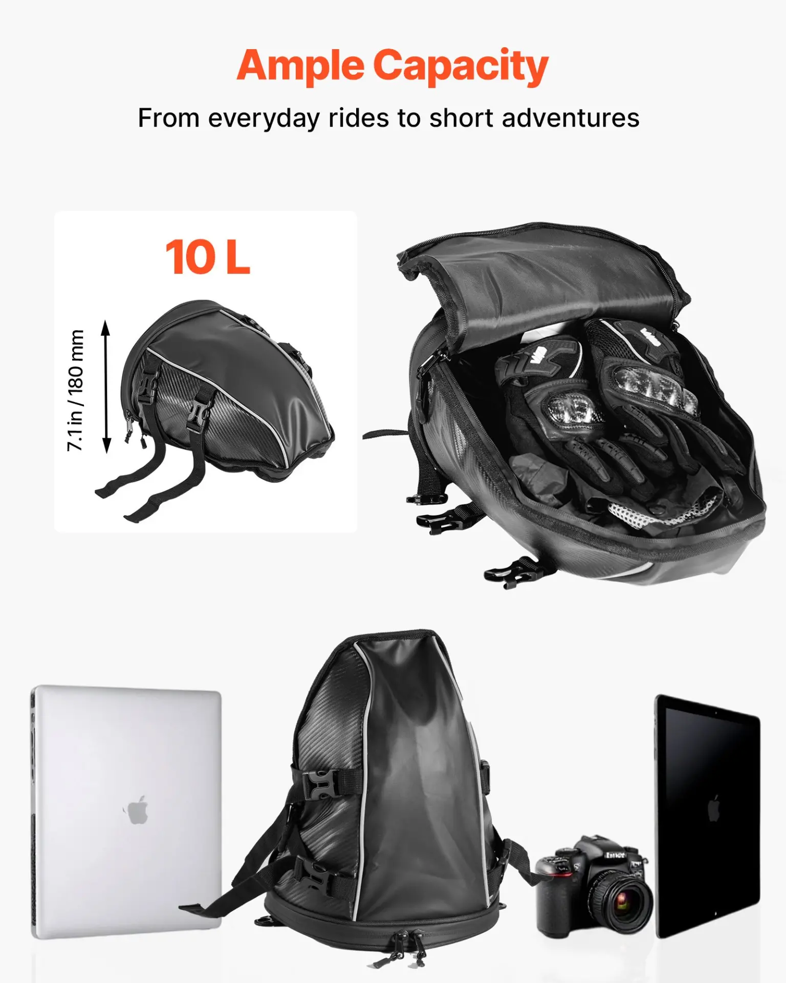 VEVOR Motorcycle Tail Bag, 10 L Motorcycle Rear Seat Bag with Waterproof Rain Cover, Outdoor Sports Motorbike Luggage Storage Trunk Rack Backpack Handbag with Shoulder Strap and Inner Pocket, Black - Image 2