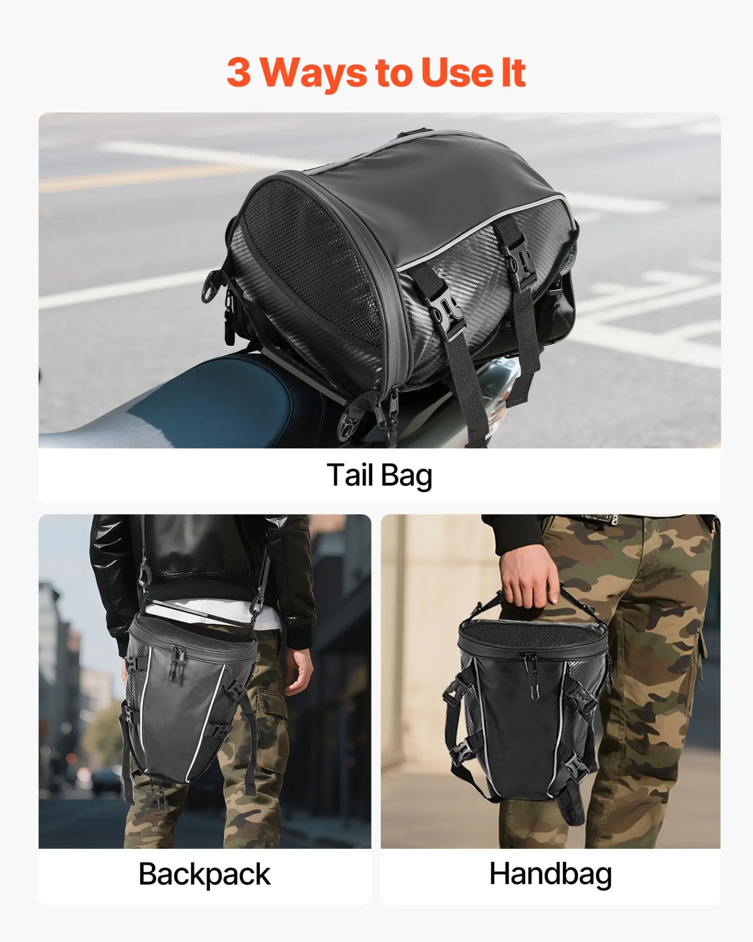 VEVOR Motorcycle Tail Bag, 10 L Motorcycle Rear Seat Bag with Waterproof Rain Cover, Outdoor Sports Motorbike Luggage Storage Trunk Rack Backpack Handbag with Shoulder Strap and Inner Pocket, Black - Image 5