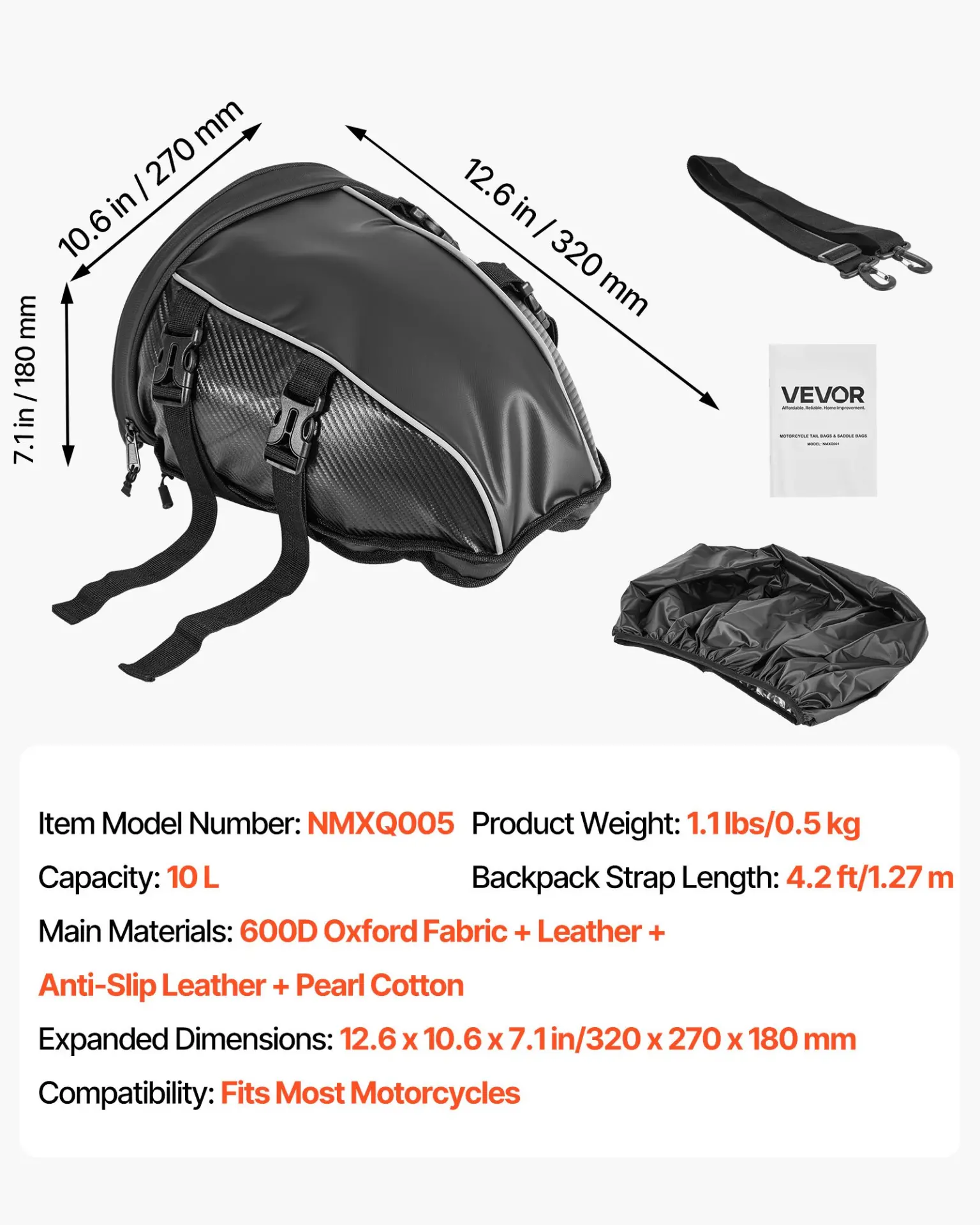 VEVOR Motorcycle Tail Bag, 10 L Motorcycle Rear Seat Bag with Waterproof Rain Cover, Outdoor Sports Motorbike Luggage Storage Trunk Rack Backpack Handbag with Shoulder Strap and Inner Pocket, Black - Image 6