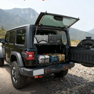 VEVOR Rear Trunk Cargo Rack, for 2007-2024 Jeep Wrangler JK 4-Door Hardtops, 300 lbs Capacity, Carbon Steel Basket Tray Interior Storage Luggage Carrier with Net, Shelf Stand Organizer for Camping Trip Gear, Black