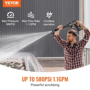 VEVOR Cordless Pressure Washer, 580-PSI 1.1 GPM Portable Power Cleaner, Handheld High-Pressure Car Washer Gun with 4.0Ah Battery, Charger, 6-in-1 Nozzle, for Home/Floor Cleaning & Watering