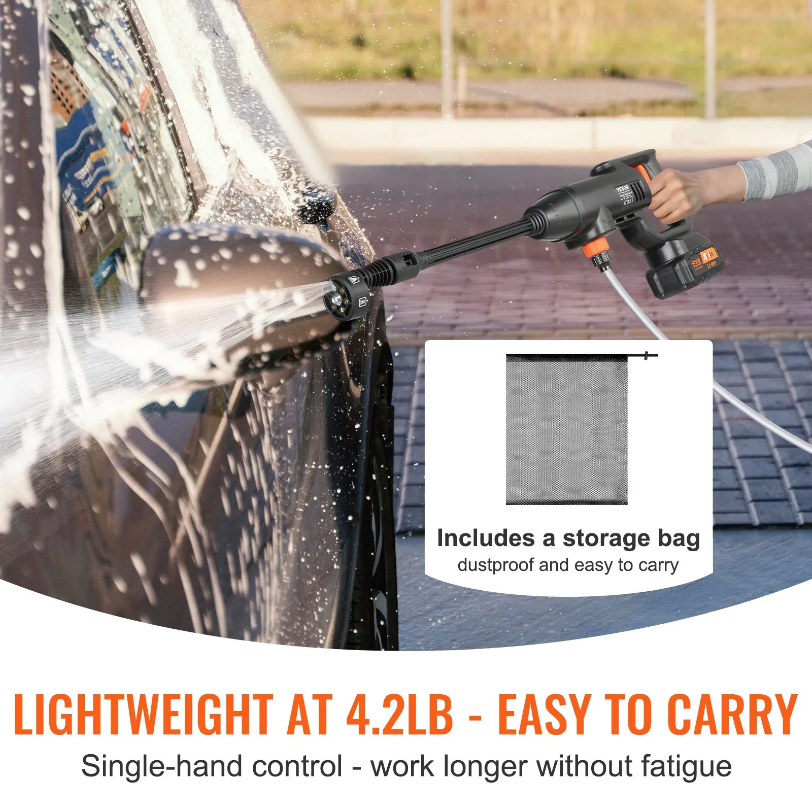 VEVOR Cordless Pressure Washer, 580-PSI 1.1 GPM Portable Power Cleaner, Handheld High-Pressure Car Washer Gun with 4.0Ah Battery, Charger, 6-in-1 Nozzle, for Home/Floor Cleaning & Watering - Image 2