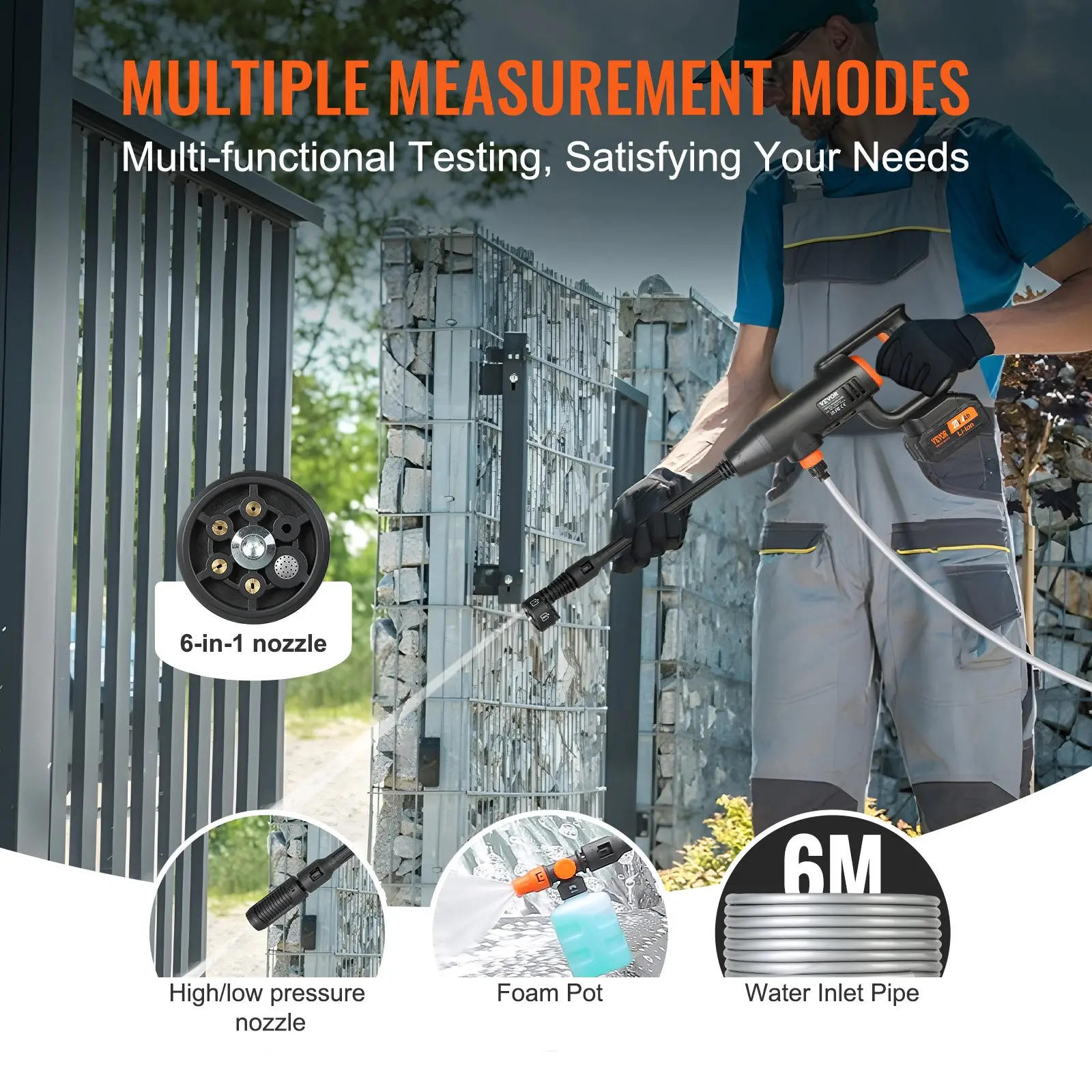 VEVOR Cordless Pressure Washer, 580-PSI 1.1 GPM Portable Power Cleaner, Handheld High-Pressure Car Washer Gun with 4.0Ah Battery, Charger, 6-in-1 Nozzle, for Home/Floor Cleaning & Watering - Image 3