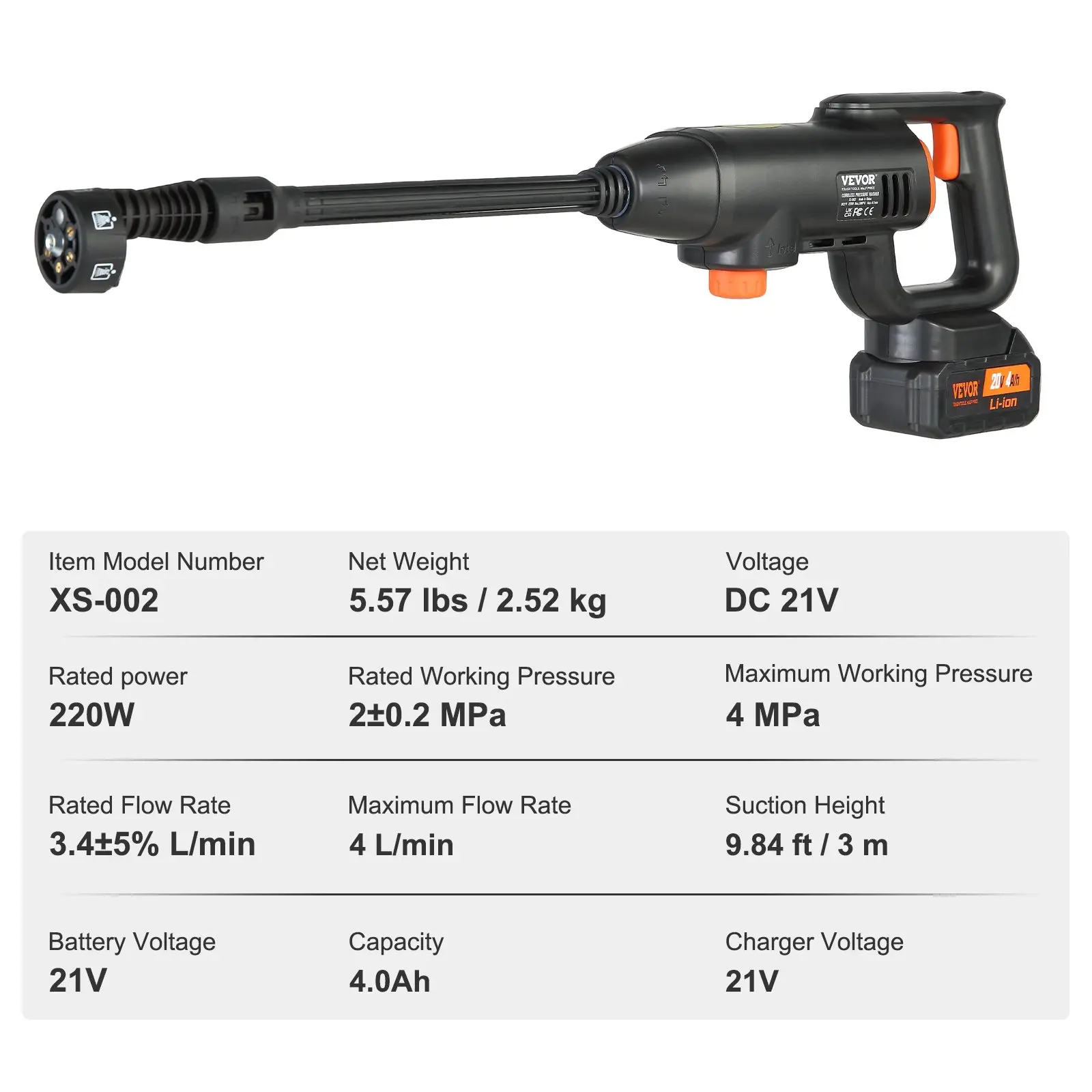 VEVOR Cordless Pressure Washer, 580-PSI 1.1 GPM Portable Power Cleaner, Handheld High-Pressure Car Washer Gun with 4.0Ah Battery, Charger, 6-in-1 Nozzle, for Home/Floor Cleaning & Watering - Image 6